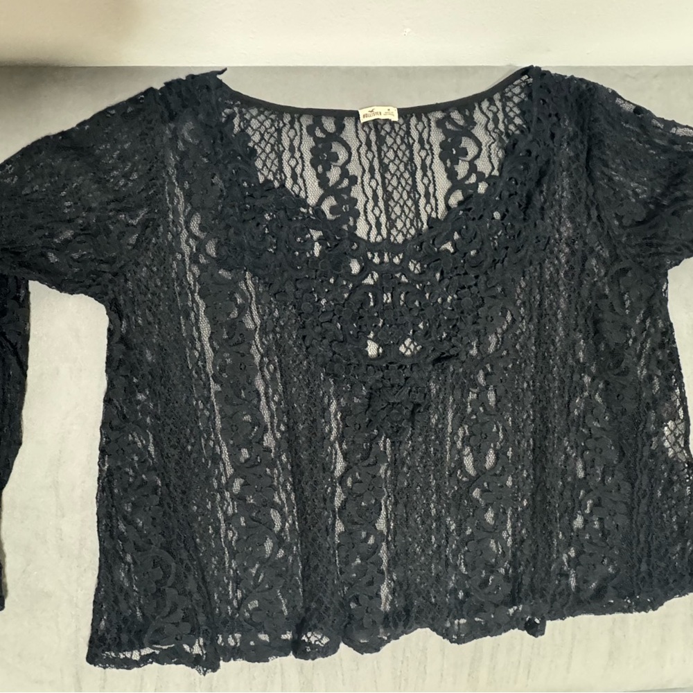 Hollister Black Lace Sheer Crop Top Long Sleeve Size M - Picture 3 of 6